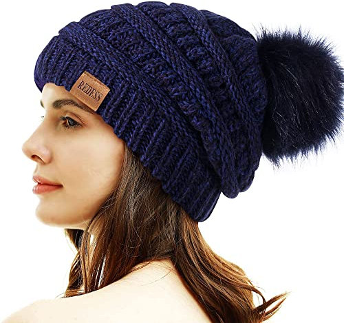REDESS Damen Winter Pom Pom Beanie Mütze mit warmem Fleece gefüttert, Dicker Slouchy Snow Knit Chunky Baggy Skull Ski Cap