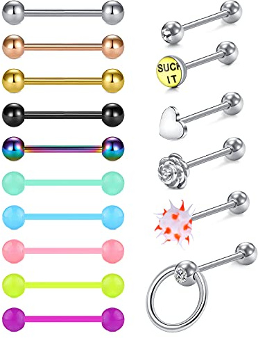 D.Bella 14G Piercing alla lingua in acciaio chirurgico 16 mm Bar Lunghezza Piercing Lingua Cuore Fiore Capezzolo Gioielli Piercing