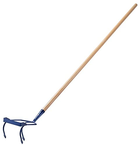 KADAX Handkultivator aus Metall, Kultivator mit langem Stiel aus Holz, robuster Grubber, Gartenkralle, Gartenhacke zum Lockern des Bodens (3 Zinken, Mit Jätemesser)