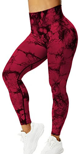 ZAAYO Sport Leggings für Damen Tie Dye Scrunch Butt Booty Slim Fit Seamless Yoga Pants Fitness Gym Workout Rot S