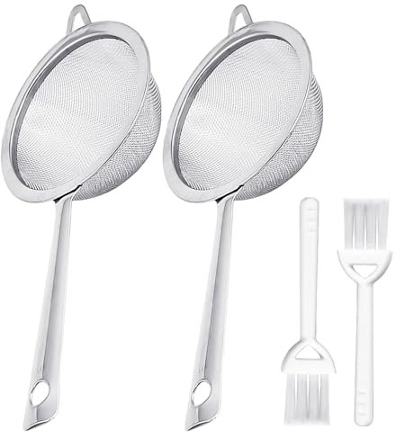 USHXVG 2 Tea Strainers, 2 Small Cleaning Brushes, Fine Mesh Tea Strainer, Mesh Strainer, Sieve with Metal Handle, Extra Fine Tea Strainer, Coffee Filter, Non-Slip Fine Mesh Sieve