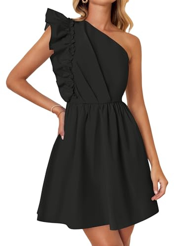 ZESICA Women's Summer One Shoulder Ruffle Dress Boho Sleeveless Elastic High Waist Swing Mini Dresses,Dim,Medium