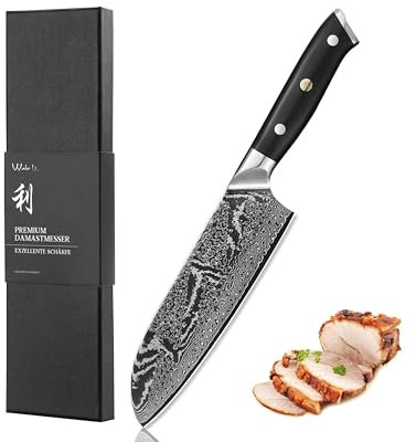 Wakoli Nitoko Damastmesser Santoku – Scharfes Küchenmesser aus echtem Damaststahl (VG10 Kern) mit 18 cm Klinge – Kochmesser mit G10 Griff in edler Geschenkbox –Präzises Damast Messer Full Tang Design