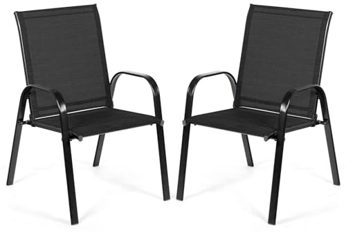 COSTWAY Set med 2 trädgårdsstolar med armstöd, terrassstolar av textil- och metallram, balkongstolar kan belastas upp till 200 kg, för trädgård, balkong, poolområde, 56 x 72 x 90 cm (svart)