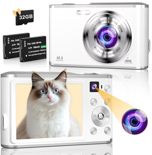 Digitalkamera, 4K Dual Kamera Autofokus tragbare Kompaktkamera mit 32G SD Karte, FHD 48MP mit 2,8 Zoll großem Bildschirm, 16X Digitalzoom Fotokamera für Kinder Teenager Anfänger-Weiß