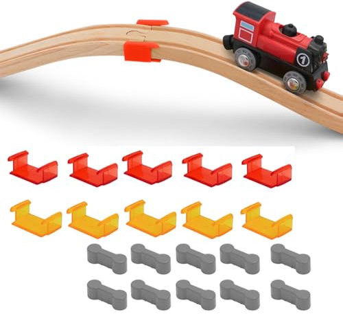 VARKAGE 10 Stück Brückenclip für Holzeisenbahnen und 10 Stück Holzschienen Adapter Verbinder, Holzeisenbahn Zubehör Wiederverwendbare, Universal Holzbahnverbinder für Spielzeugeisenbahnen Geburtstagsf