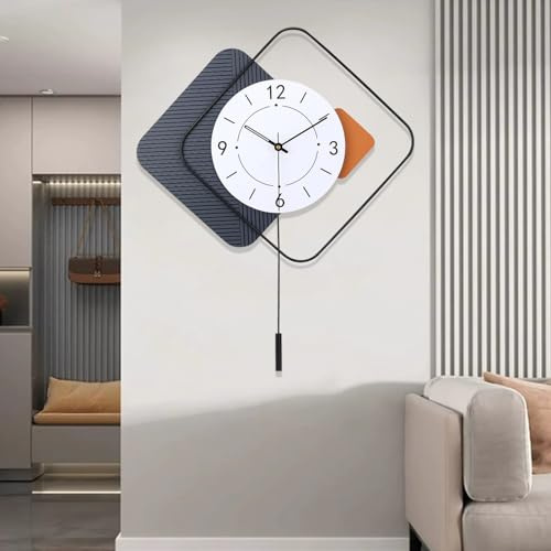 Coslife Reloj de pared decorativo grande con péndulo para sala de estar, manecillas de metal, esfera blanca con acento naranja, metal silencioso para sala de estar, dormitorio, estudio, oficina (negro