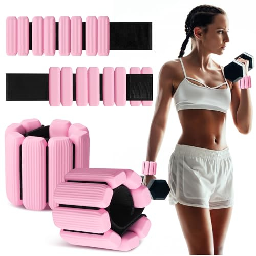 MESUADESI Wrist Weights Set of 2, Wearable Wrist Ankle Weights for Women & Men, Silicone Weighted Bangles Adjustable Arm and Leg Weights for Walking Yoga Pilates Running Dance Gym 2lb(Pink)