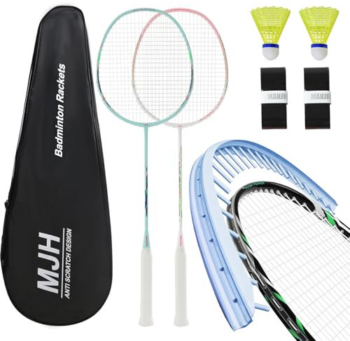 MANJHONG Badminton Set mit 2 Graphit Schläger - Kratzfestes Design - Federball Set für Erwachsene Incl. Federbälle, Griffbänder & Schlägertasche (Hellblau+Hellrosa)