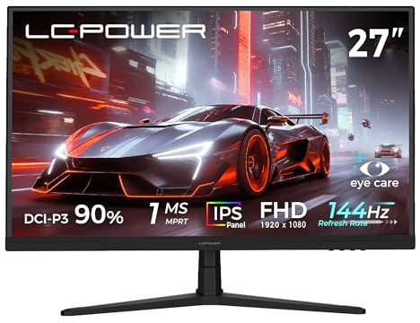 LC-Power Monitor Gaming 27 Pollici (68,6 cm), Full HD IPS Schermo, 1920×1080, 144 Hz, 1ms MPRT, 16:9, Adaptive Sync, HDMI 2.0, Display Port 1.4, VESA 100x100