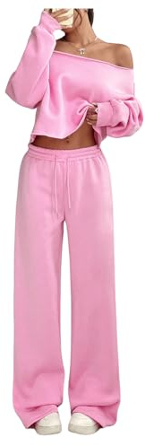 SOLY HUX Women's 2 Piece Outfits Fall Sweatsuits Off The Shoulder Crop Top Wide Leg Sweatpants Casual Matching Lounge Sets Plain Pink Medium