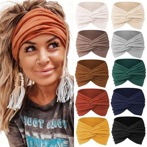 Euablfo 10 Pezzi Fasce Per Capelli Da Donna, Fasce Per Capelli Da Donna, Design Lavorato A Maglia Boho, Fascia Elastica In Cotone, Fascia Sottile Per Yoga, Corsa, Esercizi In Palestra, Tinta Unita