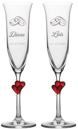 Copas de Champán Personalizadas para Boda con Corazón Rojo, Cristal Grabado con Nombres y Fecha, Set de 2 Copas Elegantes para Brindis de Aniversario