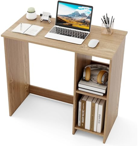 FANTASK Scrivania con 2 scomparti, piccola scrivania per computer con vano portaoggetti, tavolo per PC, tavolo da lavoro per piccoli spazi, 80 x 40 x 74 cm (naturale)