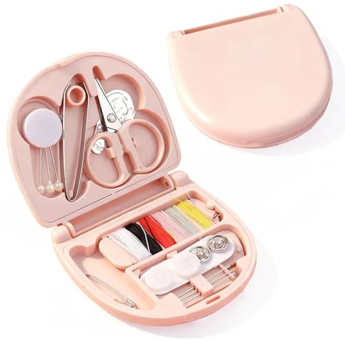 1 Pack Travel Sewing Kit, Portable Mini Sewing Kit with Needles, Threads, Scissors & Repair Tools, Compact Emergency Sewing Set in Pink Case for Home and Travel Use