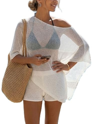 Djbdesi, Poncho asimmetrico in maglia da donna, copricostume da spiaggia, top estivo leggero, a spalle scoperte, scialle trasparente, A1 bianco., Etichettalia unica