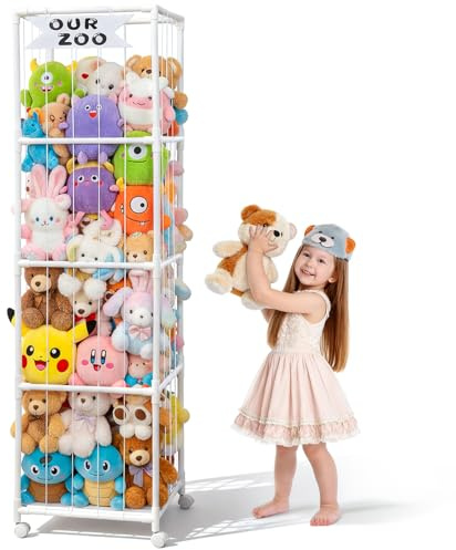 Cvkwe 4-Tier Soft Toy Storage with Wheels PVC Teddy Organiser for Nursery