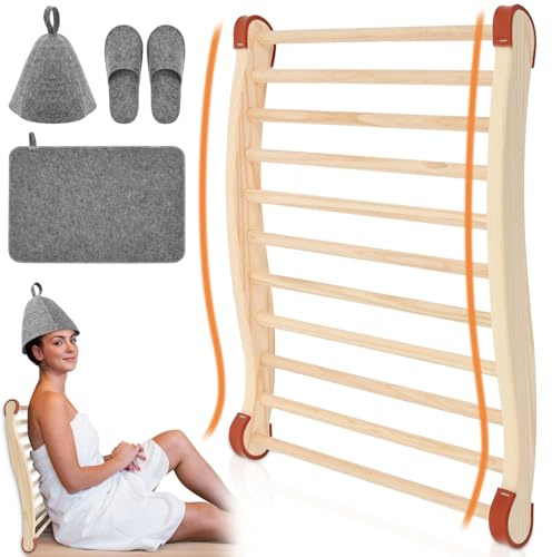 Kuanght Sauna Backrest Accessories, Wooden Slip-Resistant S-Shape Sauna Headrest with Felt Hat, Seat Pad and Slippers, Ergonomic Saunas Back Support for Home Steam Rooms, SPA Centers and Gyms
