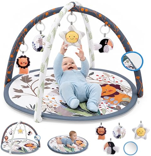 Highbird Baby Spielbogen mit Spielmatte und Krabbeldecke, mit 5 abnehmbaren Spielzeugen, Einfach zu Installieren und zu Reinigen, Ideal als Babygeschenk, Weich, Fördert die Motorik