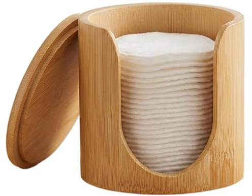 Porta dischetti rotondo in cotone, dispenser per dischetti di cotone, porta multifunzionale in bambù con coperchio, organizer per trucchi per toeletta, bagno, camera da letto