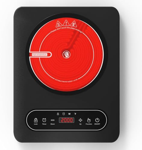 VBGK Placa Vitroceramica Portatil, 2000W Portátil con Temporizador, 10 Niveles de Potencia, 220V~240V con Enchufe, Cocina Eléctrica Portátil con Temporizador, Bloqueo de Seguridad, Controles Táctiles