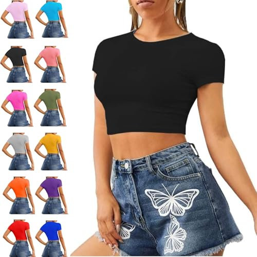 Re Tech UK - Women's Basic Ladies Short Sleeve Stretchy Crop Tops for Women, Slim Fit Crew Neck, Cropped T Shirt, Summer, Cute, Tshirt, Sizes 8-14 (S/M 8-10, Black)