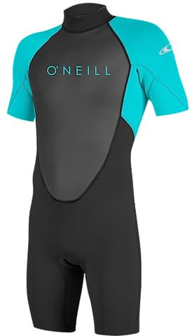 O'Neill Youth Reactor-2 2mm Back Zip Short Sleeve Spring Wetsuit, Black/Aqua, 14