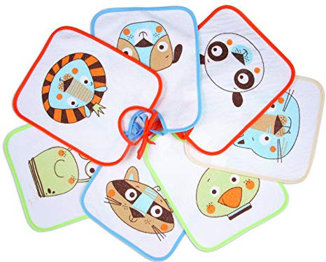 Ti TIN Packung mit 7 wasserdichten Babylätzchen, 23x27 cm | Lätzchen mit Bandverschluss für Babys von 6 bis 18 Monaten, 73% Baumwolle - 27% Polyester-Vinyl-Futter, Packung mit 7 verschiedenen Tieren