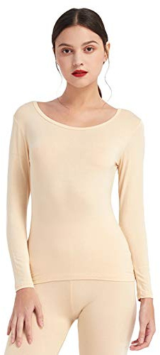 Mcilia Camiseta Interior para Mujer de Capa Térmica Modal de Manga Larga con Cuello Redondo Bajo Beige XX-Large (EU 52 54)
