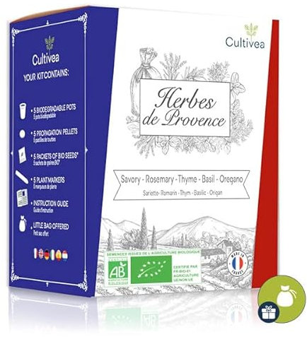 Cultivea Saveurs du Monde - Kit Prêt à Pousser Herbes de Provence - Graines 100% biologiques - Jardinez et dégustez - Idée cadeau (Sarriette, Romarin, Thym, Basilic, Origan)
