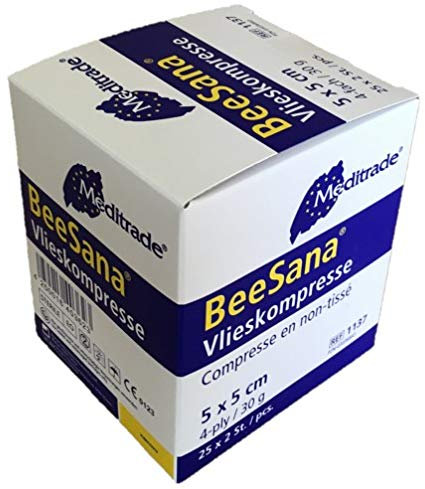 50 Stück Vlieskompressen steril 4-lagig BeeSana® 5 cm x 5 cm weiß