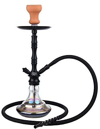 CHAMP Al Malik - Chicha Kit Complet Shisha avec Tuyau Silicone Foyer en Céramique, Pince, Embout, Base en Verre Narguilé Ensemble Complet Moderne Noir