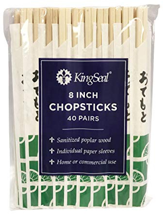80 Count | KingSeal Natural Poplar Disposable Wood Chopsticks, Indiv. Wrapped in Paper Sleeve, 8 Inch, Bulk Pack - 2 Packs x 40 Pairs