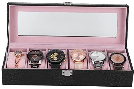 Wnvivi Boîte de Montre à 6 Fentes, Présentoir de Montre-Bracelet en Cuir PU Noir avec Doublure Rose, Vitrine de Montres pour Hommes, Femmes