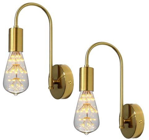 YSGUYILT Lámpara de pared Vintage Retro 2 Piezas Aplique Pared de Metal E27 Industrial Aplique de Pared Interior Para Dormitorio, Sala, Pasillo (Bombillas no Incluidas)-Dorado