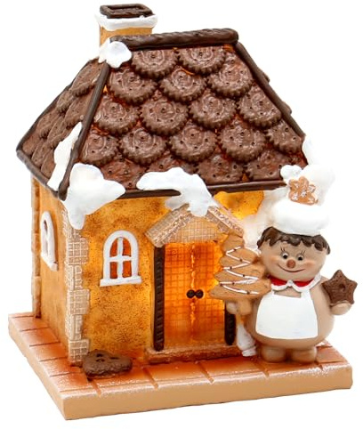 Dekohelden24 Maison en Pain d'épices en céramique avec boulangers de Noël et Pain d'épices en Blanc/Marron, pour Fonctionnement à Piles, L x l x H 13 x 11 x 16 cm, Maison