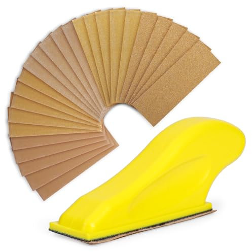 90 x 30 mm Feuilles Abrasives avec Bloc de Ponçage à Main, 70 Pièces Papier Abrasif, Grain 80/120/180/240/320/400/600 pour ponçage et polissage