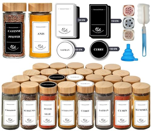 Danillous Square Spice Jars Set of 24 with Bamboo Lids, Shaker Inserts, Pre-Printed English Labels, Black and White Stickers (180 Spice Names), Silicone Funnel, and Cleaning Brush (English Labels)