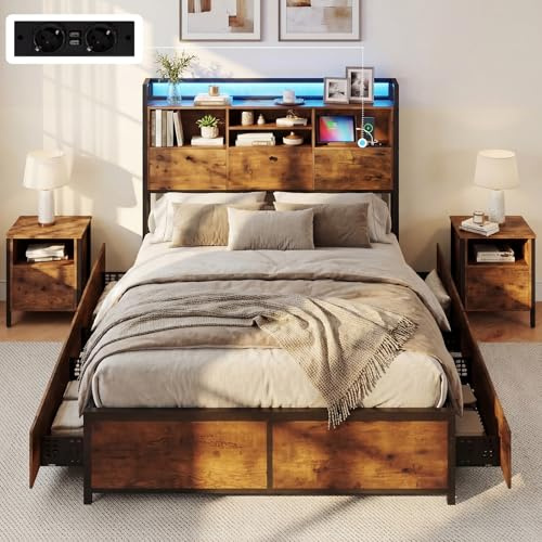 COSTWAY Cadre de Lit Double 140x200cm avec Sommier, Tête de Lit Bibliothèque, Sommier en Métal avec 4 Tiroirs Rangement, 2 Prises de Courant, 2 USB, 2 Poches Latérales, Assemblage Facile