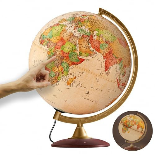 ORBIT Globes & Maps - Globe lumineux rétro dans le style antique - globe vintage de 30cm avec pied stable, image de carte 2023 physique/politique avec lampe LED, image de carte française actuelle
