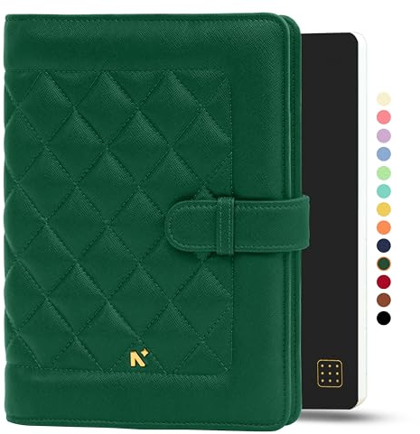 NEORAH —A5 Notebook SLEEVE with Quilted Loop +Dotgrid JOURNAL| Faux Leather Sleeve+ Penloop |2 Front 1 Back compartment |6 Card Slots |2 BookMarks | Gift Box-Fits any A5 Softcover Notebook–Dark Green