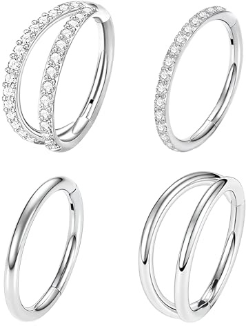 Riceel Silver Nose Hoop, 8mm Helix Conch Hoop Double Nose Ring Hoop Hinged Segment Clicker Twist Spiral Nose Hoop Stainless Steel Nostril Jewellery Piercing Jewelry for Women (Steel Color)