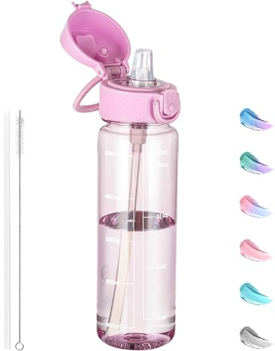 GOPPUS 500ml/17oz Clear Tritan Water Bottle with Straw Transparent Childrens Drinks Bottle with Carrying Handle See Through Measured Kid Bottles with Flip Top Lid Leakproof BPA Free (Pink)
