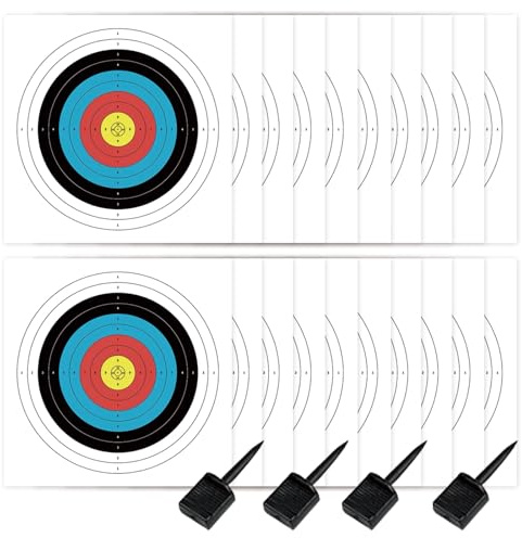 KURUGEILI 20 Feuilles Papier Cible Tir à l'arc 80cm 10 Anneaux Standard avec 4 Épingles Fixes pour Arc Classique et Arc à Poulies Entraînement Chasse