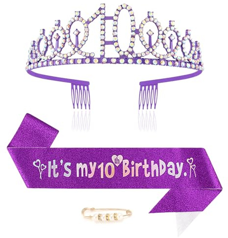 Maigendoo Couronne et écharpe pour 10e anniversaire - Couronne de princesse - Diadème en strass - Accessoires d'anniversaire - Diadème et écharpes - Fournitures de fête pour filles de 10 ans - Violet