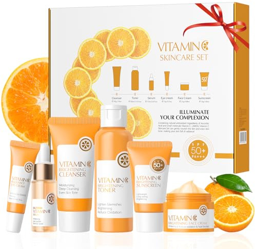 BeauBase Vitamin C Skincare Kit, Cuidado Facial Mujer Kit Regalo, 6 unidades Humectante Facial Adolescentes, para Hidratante Nutritivo Suavizante y SPF50 Protección UV