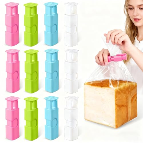 Jidyllic 12 Pezzi Fermagli per Sacchetti con Molla - Clip per Conservazione Alimenti, Chiusura Ermetica per Pane, Snack e Patatine, Sacchetti della Spesa Riutilizzabili (Blu, Bianco, Verde, Rosa)