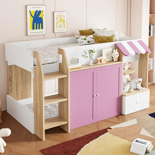 VSOGA Barnsäng, hussäng, 90 x 200, med öppet förvaringsutrymme, med klätterstege, halvhög barnvåningssäng, massivt trä barnsängssäng utan madrass, vit + rosa, träfärg