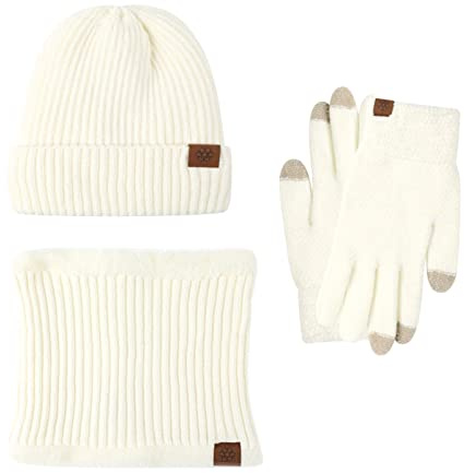 Vinter halsduk hatt & handskar set hatt halsduk handskar set varm stickad halsvärmare ull termisk keps utomhus sport skidvantar män kvinnor kallt väder accessoarer kläder, Vitt, one size
