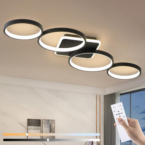 Lámpara de Techo LED Regulable Lampara Techo para Salón con Mando a Distancia APP, Negro Lámpara de Dormitorio con Función de Memoria, 54W Iluminación de Techo Moderna con Redonda de 4 Anillos, L94cm